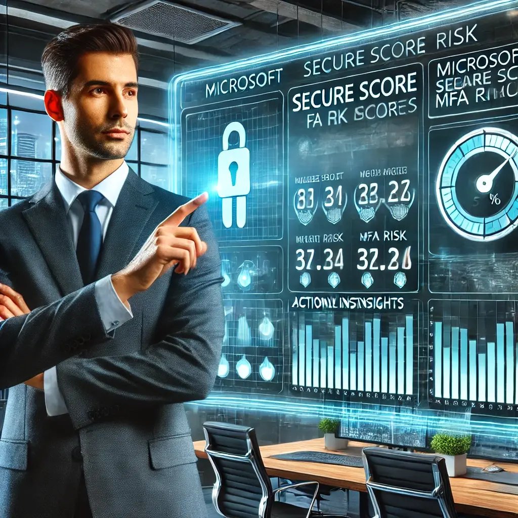 DALL·E 2024-11-16 17.56.18 - A sleek digital dashboard displaying Microsoft Secure Score and MFA Risk metrics. In the foreground, a confident security professional pointing to hig