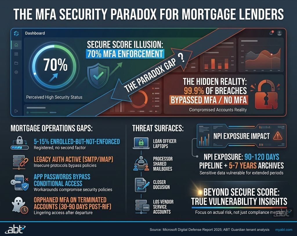The MFA Security Paradox for mortgage lenders: 70% enforce MFA yet 99.9% of compromised accounts had no MFA or MFA was bypassed, mapped to loan officer, processor, and LOS vendor threat surfaces