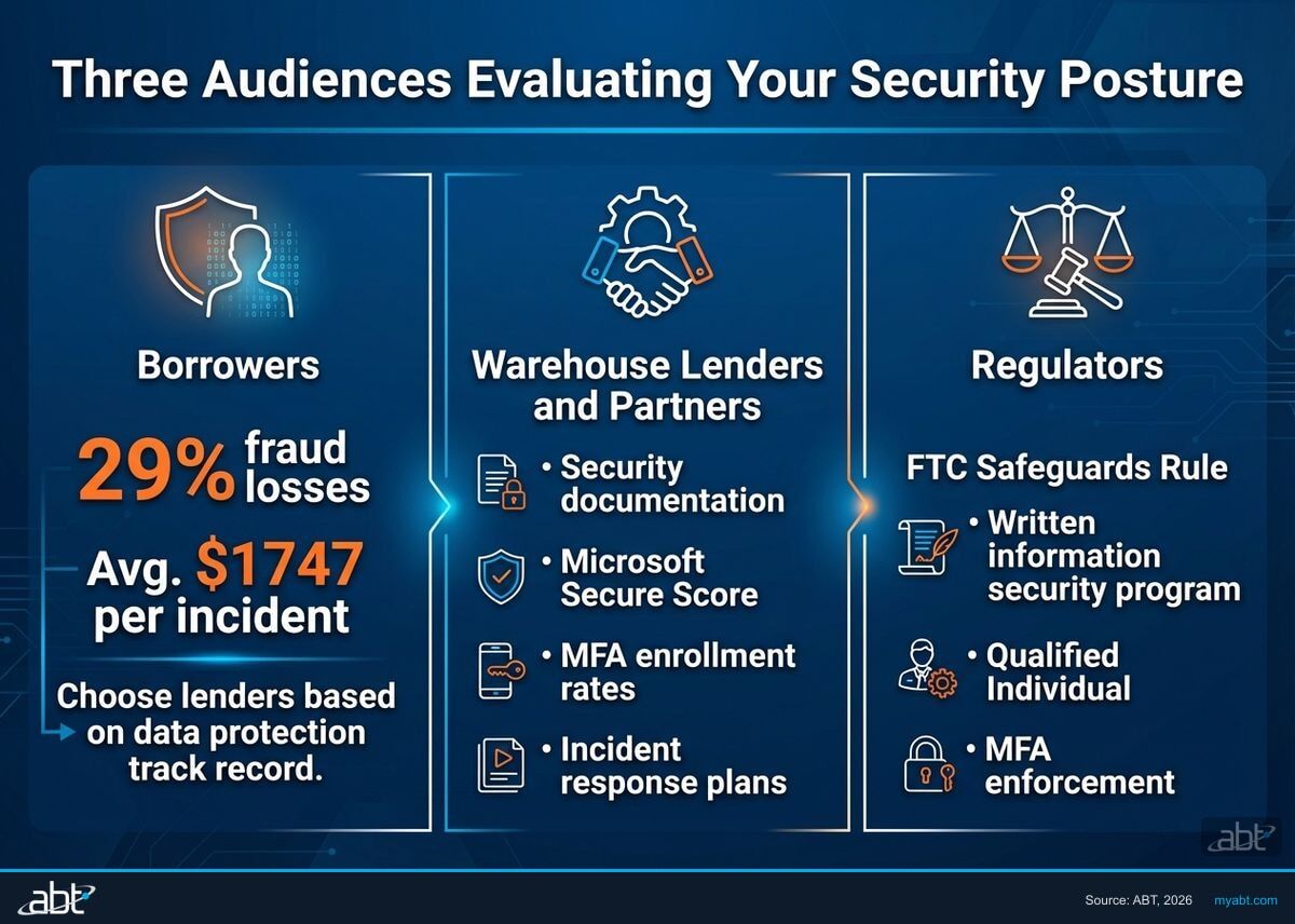 Infographic showing three audiences evaluating mortgage security posture: borrowers with 29% fraud losses averaging $1,747, warehouse lenders requesting Secure Score and MFA rates, and regulators enforcing FTC Safeguards Rule requirements