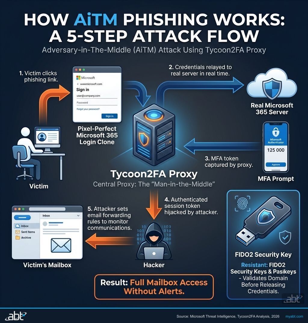 Infographic showing the 5-step adversary-in-the-middle phishing attack flow using Tycoon2FA proxy to defeat MFA at financial institutions