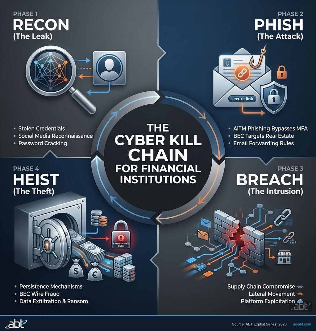 The cyber kill chain for financial institutions showing four phases: Reconnaissance, Phishing, Breach, and Heist — with ABT Guardian controls that break each link