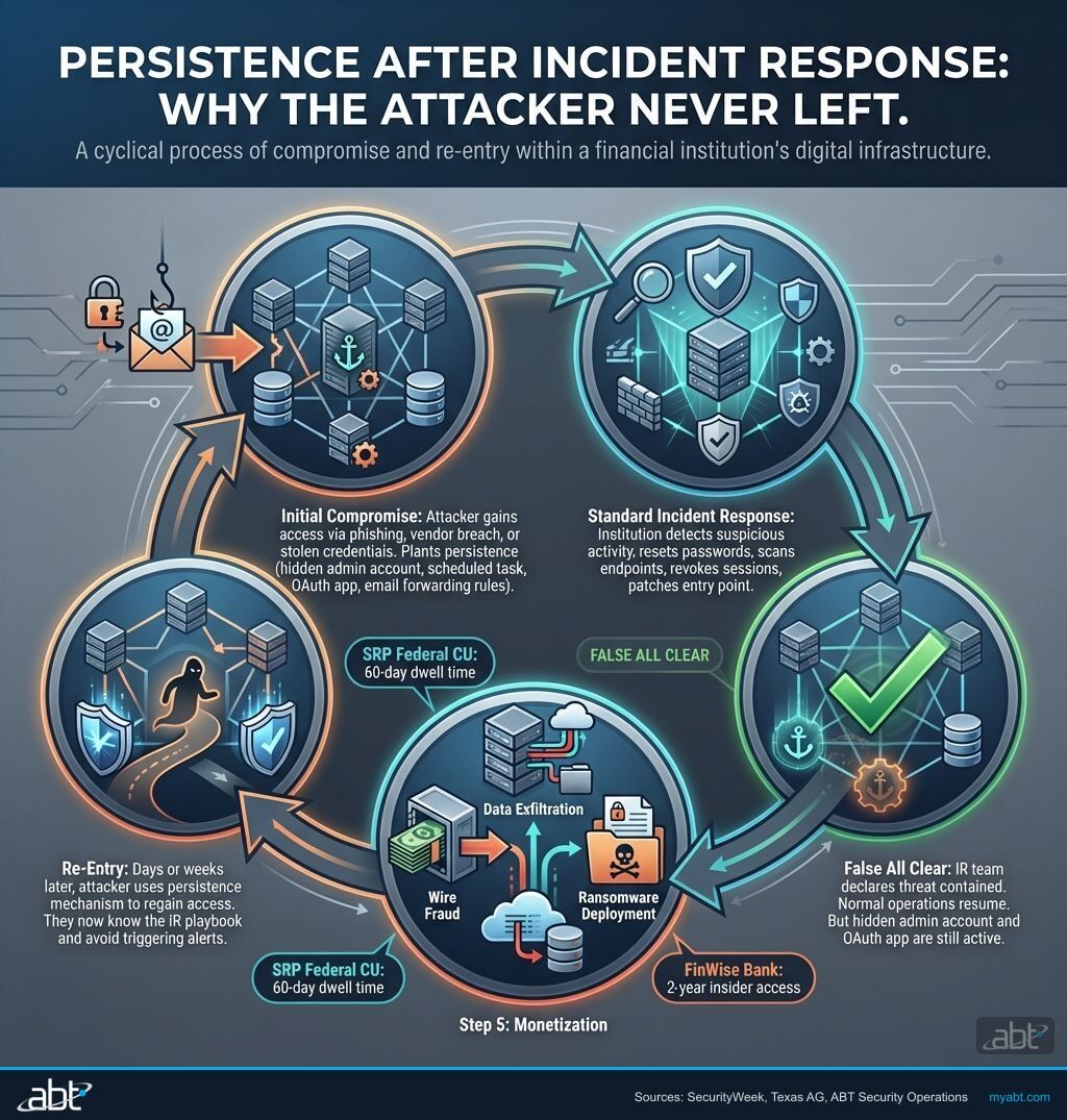 Infographic showing 5-step cycle of attacker persistence after incident response at financial institutions — from initial compromise through re-entry and monetization
