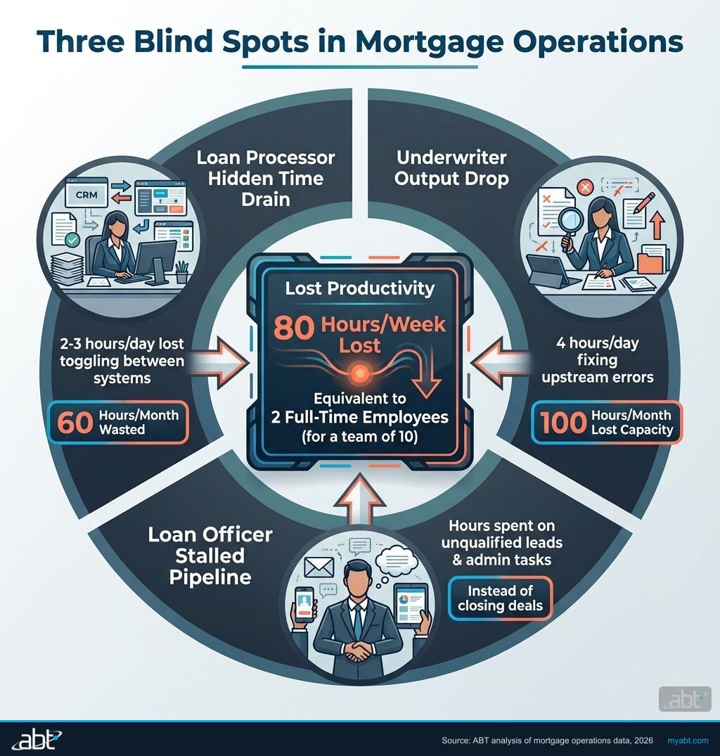 Three blind spots in mortgage operations: processor time drain, underwriter output drops, and loan officer stalled pipelines — showing combined productivity losses