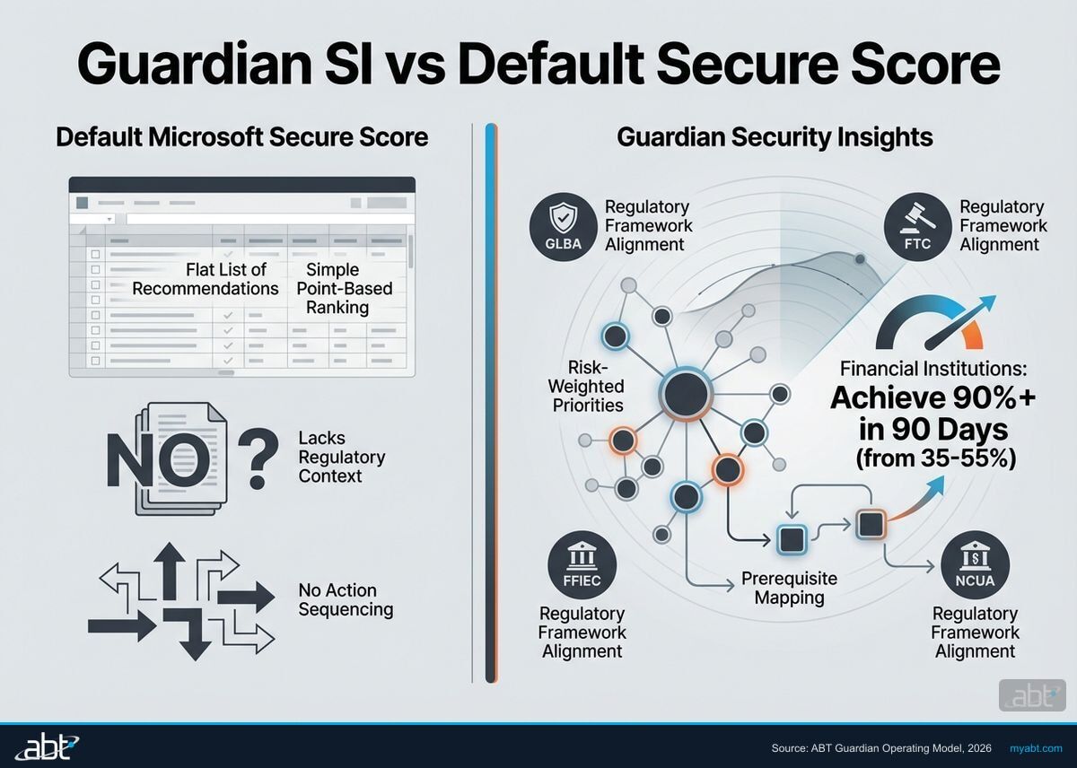 Comparison of default Microsoft Secure Score limitations versus Guardian Security Insights capabilities for financial institutions