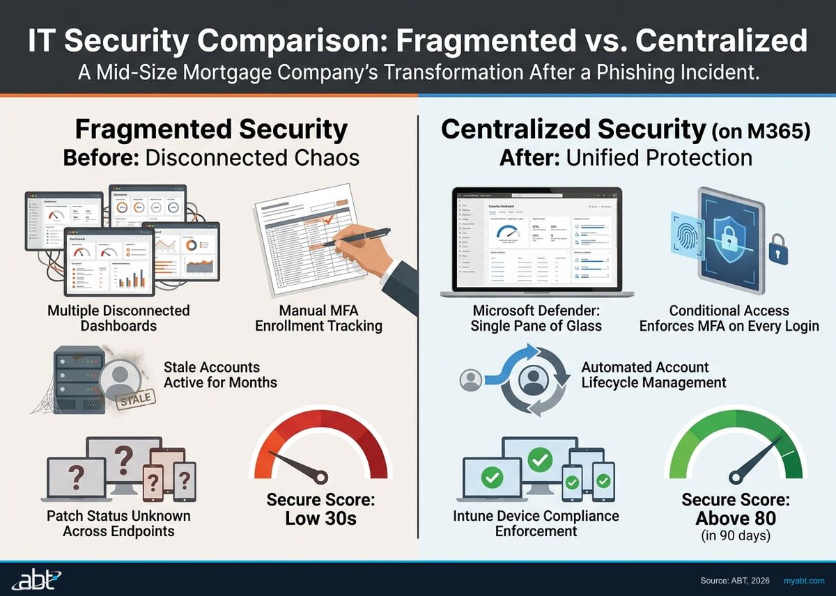 Comparison infographic showing fragmented IT security stack versus centralized M365 security — Secure Score improvement from 30s to 80+