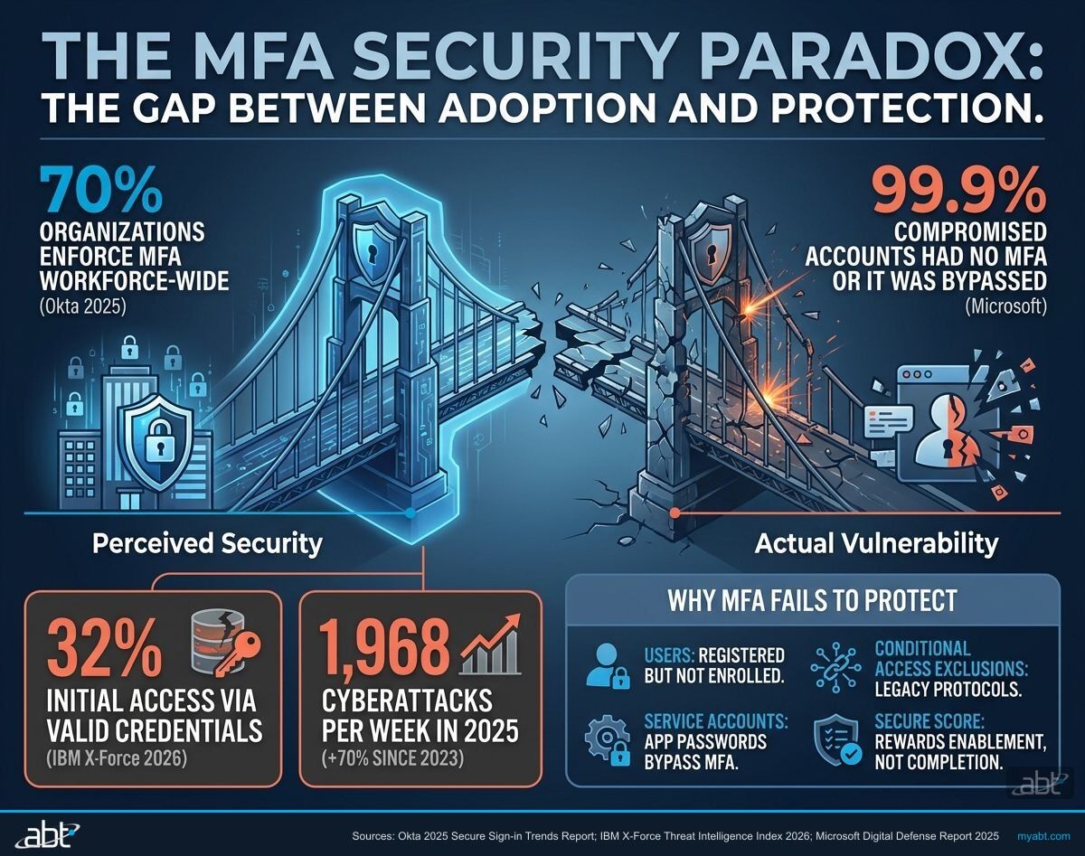 The MFA Security Paradox: 70% of organizations enforce MFA yet 99.9% of compromised accounts had no MFA or MFA was bypassed — IBM X-Force 2026 and Microsoft MDDR 2025 data visualization
