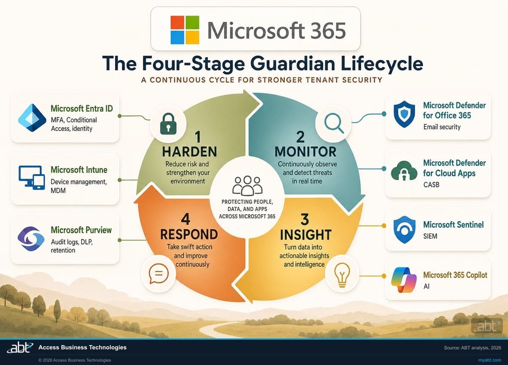 Side-by-side comparison of manual vs automated Microsoft 365 security workflow for mortgage IT teams, showing 14 hours per week reclaimed when Microsoft Entra ID, Defender, Intune, and Purview signals are surfaced through Guardian Security Insights instead of compiled by hand