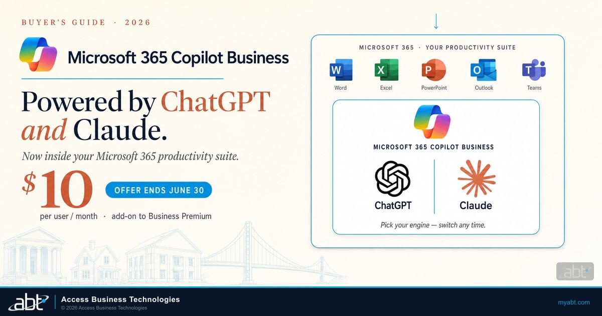 Microsoft 365 Copilot Business — powered by ChatGPT and Claude. Buyer's Guide for Mortgage Lenders. The Copilot ribbon icon, the ChatGPT mark, and the Anthropic Claude mark all rendered inside a nested Microsoft 365 productivity suite perimeter showing Word, Excel, PowerPoint, Outlook, and Teams.