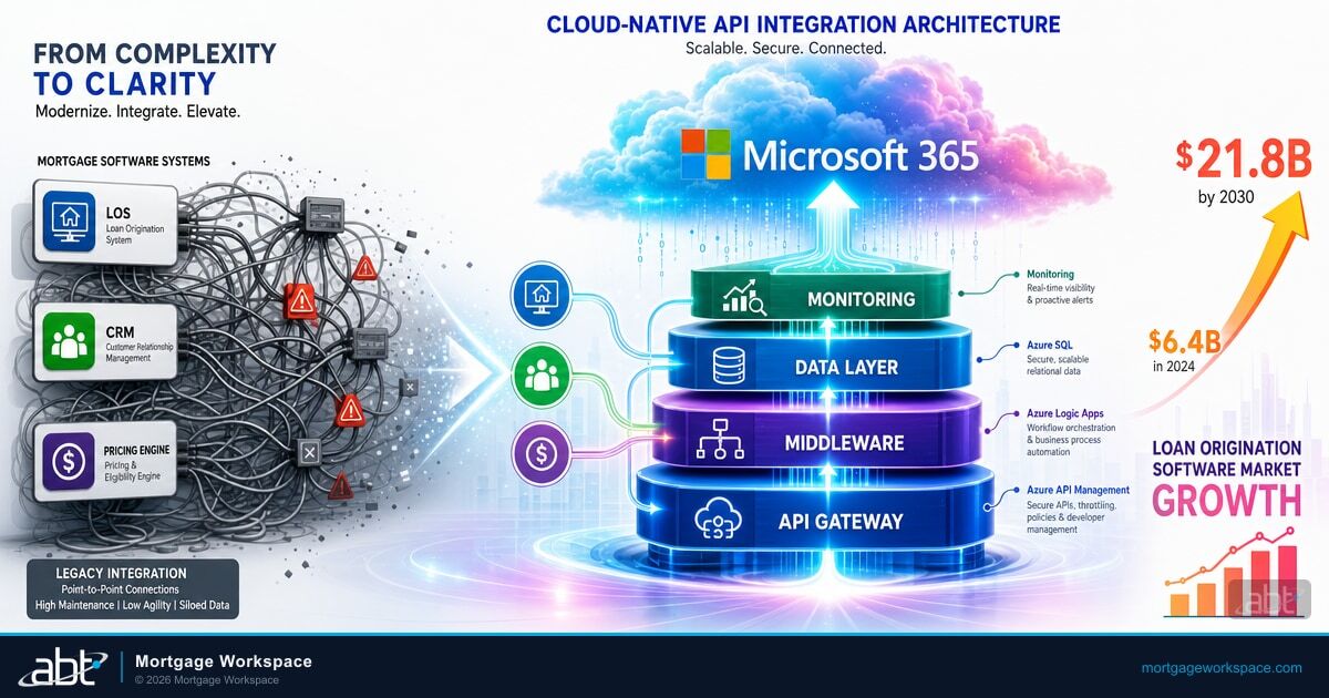 Cloud-native mortgage software integration architecture with API gateway and Azure middleware connecting LOS, CRM, and compliance systems
