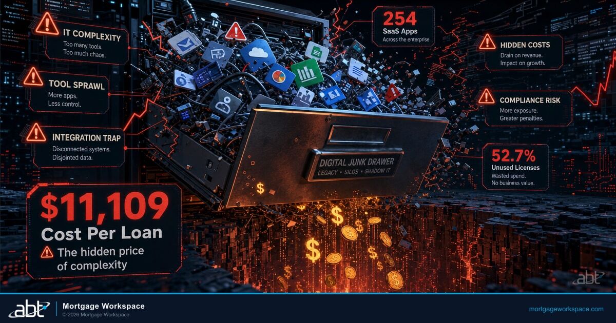 The hidden costs of IT complexity in mortgage operations showing fragmented systems, rising origination costs, and compliance risk