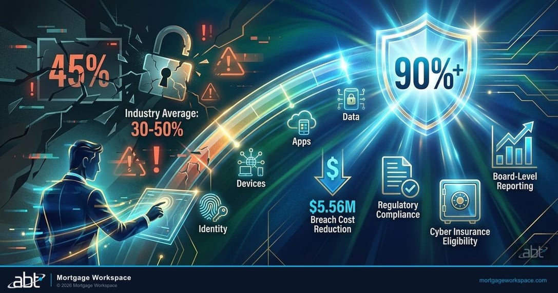 Microsoft Secure Score dashboard showing security posture metrics for financial institutions with 80% target benchmark
