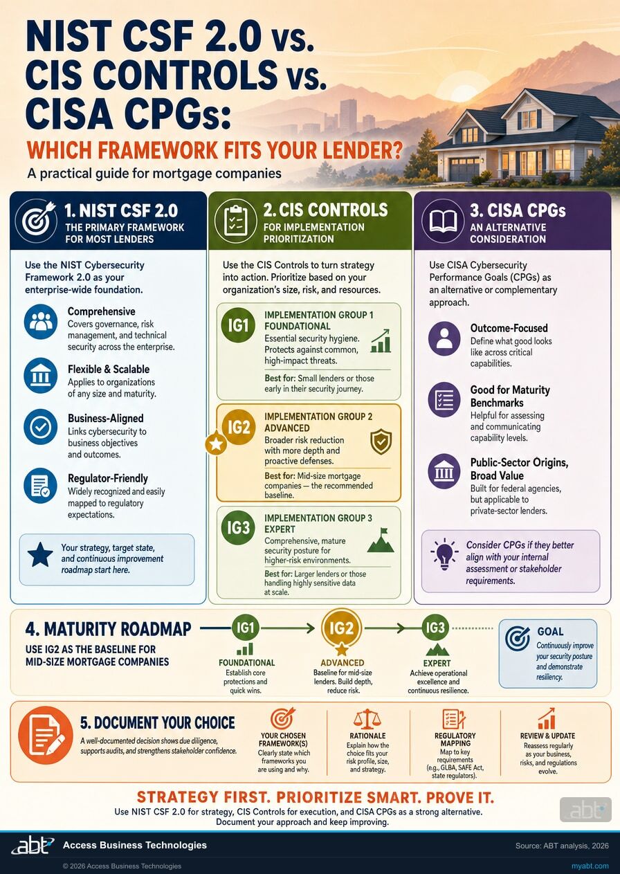 Infographic visualizing NIST CSF 2.0 vs. CIS Controls vs. CISA CPGs: Which Framework Fits Your Lender for Building a Compliant IT Framework for Mortgage Companies. ABT analysis for banks, credit unions, and mortgage companies.